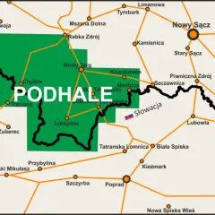 Mapa pokazuje, gdzie jest Podhale, z zaznaczonymi miastami jak Zakopane, Nowy Targ i Kluszkowce, oraz drogami łączącymi Polskę ze Słowacją.
