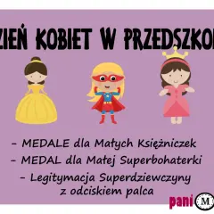 Ilustracja z trzema dziewczynkami: księżniczką, superbohaterką i królewną, z tekstem o Dniu Kobiet.