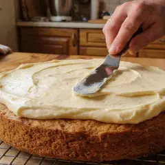 Ręka rozprowadza puszyste, nowoczesne masy do tortów na puszystym biszkopcie.
