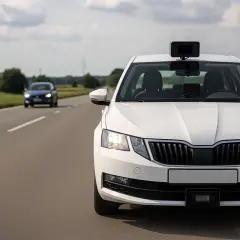 Voiture radar blanche sur la route, avec un autre véhicule au loin. L'appareil sur le toit mesure à quelle distance flash une voiture radar.