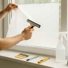 Mann bringt Fensterfolie an, glättet sie mit einem Rakel. Werkzeuge wie Cutter, Sprühflasche und Maßband liegen bereit.