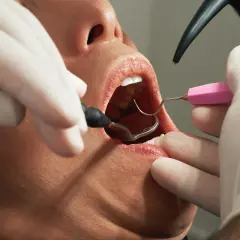 Dentysta używa lusterka i narzędzi do odbudowy zęba.