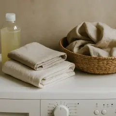 Botella de jabón líquido y ropa de lino doblada y en una cesta. El lino se arruga, pero su textura natural es encantadora.