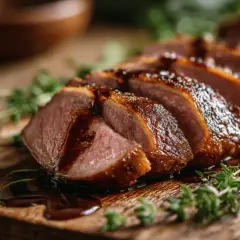 Tranches de magret de canard juteux, nappées d'une sauce brillante, disposées sur une planche en bois rustique avec des herbes fraîches.