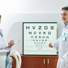 Lekarz wskazuje na tablicę Snellena podczas badania dna oka. Asystentka notuje wyniki.