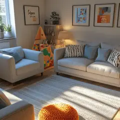 Gemütliches Wohnzimmer mit Sofas, Sesseln und Spielzeug. Ein Ort, an dem die Familie gerne zusammenkommt.