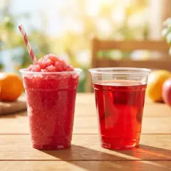 Zwei Becher mit erfrischenden Getränken, einer mit rotem Slush Eis selber machen, daneben ein Glas roter Saft. Obst im Hintergrund.