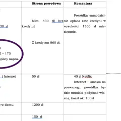 Tabela przedstawia koszty utrzymania, w tym ratę kredytu mieszkaniowego, czynsz, prąd, media i wyżywienie. Pokazuje, ile się płaci alimentów w kontekście tych wydatków.
