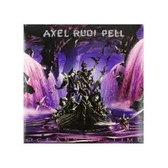Okładka albumu "Oceans of Time" Axela Rudiego Pella. Mroczna łódź z postaciami w kapturach płynie przez fioletowe wodospady.