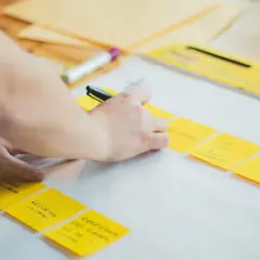 Ręce układają żółte karteczki z notatkami, tworząc mapę myśli. To kluczowy etap planowania strategii firmy.