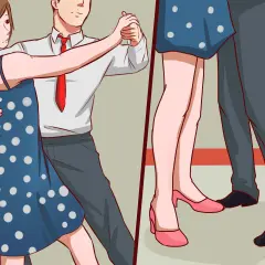 Coppia che balla il samba, lei con un vestito blu a pois, lui con camicia bianca e cravatta rossa. I loro piedi si muovono con grazia.