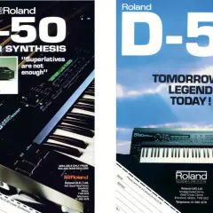 Reklama syntezatora Roland D-50, z klawiaturą i panelem sterowania. Obok wersja rack.