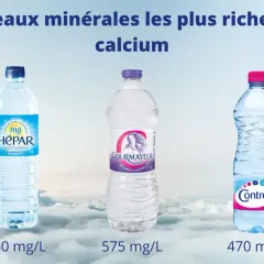 Trois bouteilles d'eau minérale : Hépar (550 mg/L), Courmayeur (575 mg/L) et Contrex (470 mg/L), riches en calcium, bénéfiques contre l'ostéoporose.