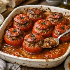 Un plat de tomates farcies appétissantes, garnies d'une farce savoureuse, baignant dans une sauce rouge. Une cuillère en argent prélève une portion généreuse.