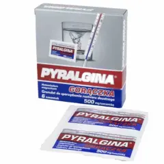 Opakowanie Pyralginy dla psa z gorączką. Zawiera 6 saszetek granulatu.