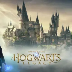 Magiczny zamek Hogwart, smok i postać z różdżką. Okładka gry Hogwarts Legacy na Xbox One.