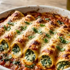 Cannellonis gratinés, remplis d'une farce crémeuse de ricotta et d'épinards, baignant dans une sauce tomate savoureuse.