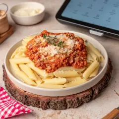 Plato de macarrones a la boloñesa, con queso rallado y hierbas frescas. Ingredientes frescos y una tablet con recetas en el fondo.