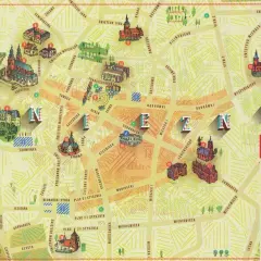 Mapa Gniezna z zaznaczonymi zabytkami i nazwami ulic.