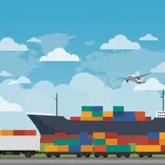 Różne rodzaje transportu intermodalnego: statek, pociąg, ciężarówka i samolot przewożą kontenery.