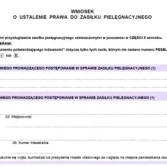 Wniosek o ustalenie prawa do zasiłku pielęgnacyjnego 2024. Formularz zawiera dane organu i adres wnioskodawcy.