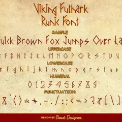 Viking Futhark rune font sample showing uppercase, lowercase, numerals, and punctuation in a stylized, ancient script.