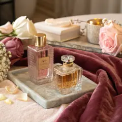 Dwa flakoniki perfum i wody toaletowej na tle róż i aksamitnej tkaniny.