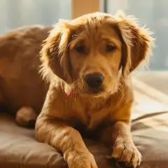 Słodki szczeniak golden retriever leży na kanapie, zastanawiając się, czy pies może jeść orzeszki ziemne.
