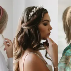 Tres peinados con diadema: una coleta baja trenzada, cabello suelto con tiara y coleta alta con diadema de cuentas.