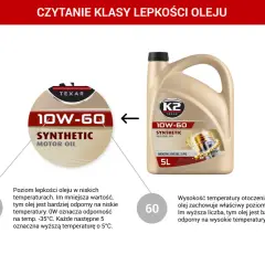 Jaki olej do silnika? Wyjaśnienie klasy lepkości 10W-60. Niższa wartość "W" oznacza lepszą odporność na niskie temperatury, wyższa wartość "60" - na wysokie.