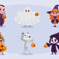 Dibujo de Halloween con niños disfrazados de vampiro, fantasma, bruja, calabaza, momia y parca, listos para pedir truco o trato.