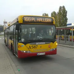 Żółty autobus linii 166 w Warszawie, z napisem "166 PL. HALLERA" na wyświetlaczu, stoi na przystanku obok centrum handlowego Tesco.