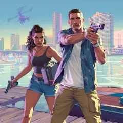 Para, z pistoletem i walizką, na tle miasta i policyjnej łodzi. Kiedy ma wyjść GTA 6?