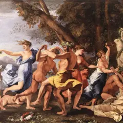 Taniec bachantek i satyrów, inspirowany antykiem, w stylu **classicism**. Dzieci bawią się w tle.