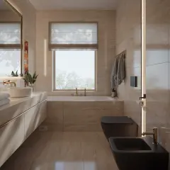 Elegancka łazienka z wanną przy oknie, czarną miską WC i bidetem. Marmurowy parapet w łazience dodaje luksusu.