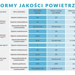 Tabela porównuje normy jakości powietrza, w tym pyłu PM10 co to jest, jego dopuszczalne stężenia i liczbę dni z przekroczeniem.