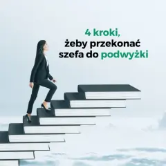 Kobieta w garniturze wspina się po schodach z książek, symbolizując 4 kroki do przekonania szefa o argumentach za podwyżką.