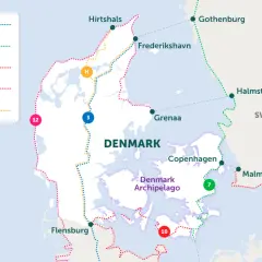 Map showing various cycling routes across Denmark, perfect for a bike trip Denmark adventure. Routes include EuroVelo 3, 7, 10, 12, and Haervejen.