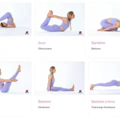 Donna in posizione supina esegue diverse posizioni yoga: Aratro, Arco, Bambino, Barca, Bastone e Bastone a terra.