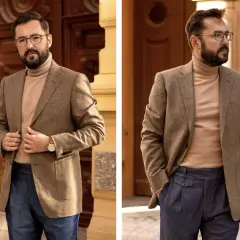 Elegancki mężczyzna w tweedowej marynarce i golfie prezentuje stylowe golf męski stylizacje.