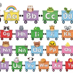 Un tren de vagones de colores muestra el abecedario mayúsculas con animales y objetos divertidos en cada uno.
