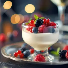 Délicieuse panna cotta crémeuse garnie de fruits rouges frais et d'une feuille de menthe, sur un plateau argenté.