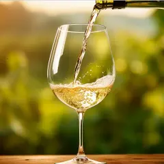 Versando un fresco bicchiere di Trebbiano d'Abruzzo in un vigneto al tramonto.