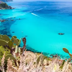 A stunning view of Reggio Calabria beaches, with turquoise waters, white sand, and lush green cliffs dotted with cacti.