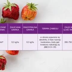 Oprysk na truskawki przeciw zmienikom: zalecana dawka 0,2 kg/ha, termin zabiegu w fazie rozwoju kwiatostanu.