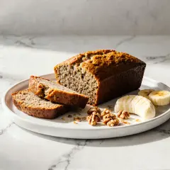 Chlebek bananowy z airfryera, pokrojony na kromki, z orzechami i plasterkami banana na talerzu.