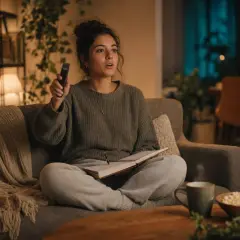 Ragazza sul divano con telecomando e quaderno, pronta per imparare l'inglese con i film.