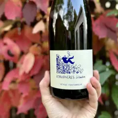 Une main tient une bouteille de vin nature Loire, "Atmosphères Jo Landron", devant des feuilles d'automne rouges et vertes.