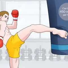 A man in boxing gloves and yellow shorts performs a powerful kick against a large blue punching bag. This speed bag workout can burn 450 calories per hour.