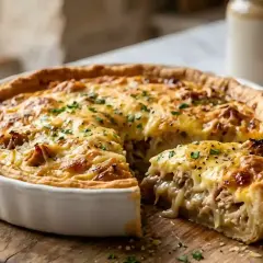 Une part généreuse de quiche au thon dorée, garnie de persil frais, repose sur une planche en bois.